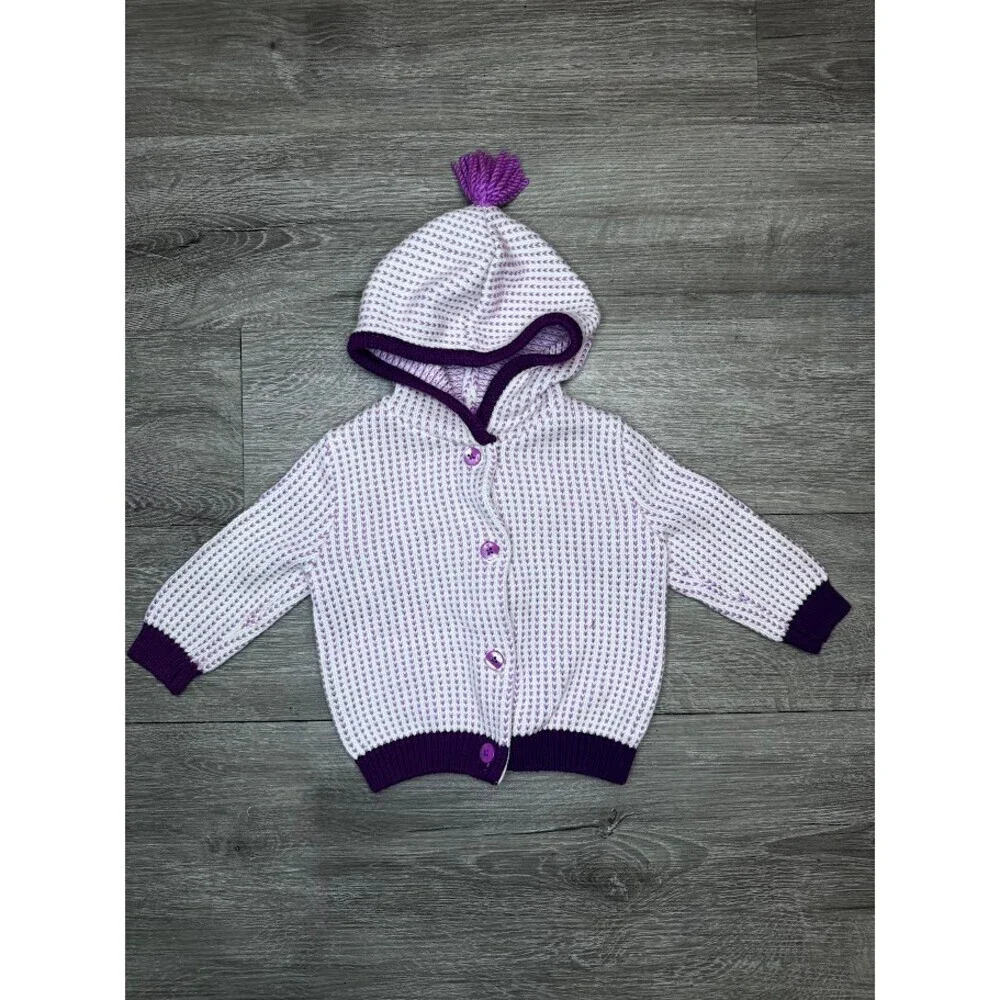 Baby Hooded Knit Cardigan Sweater Pom Pom Purple White Button 6-12 Months